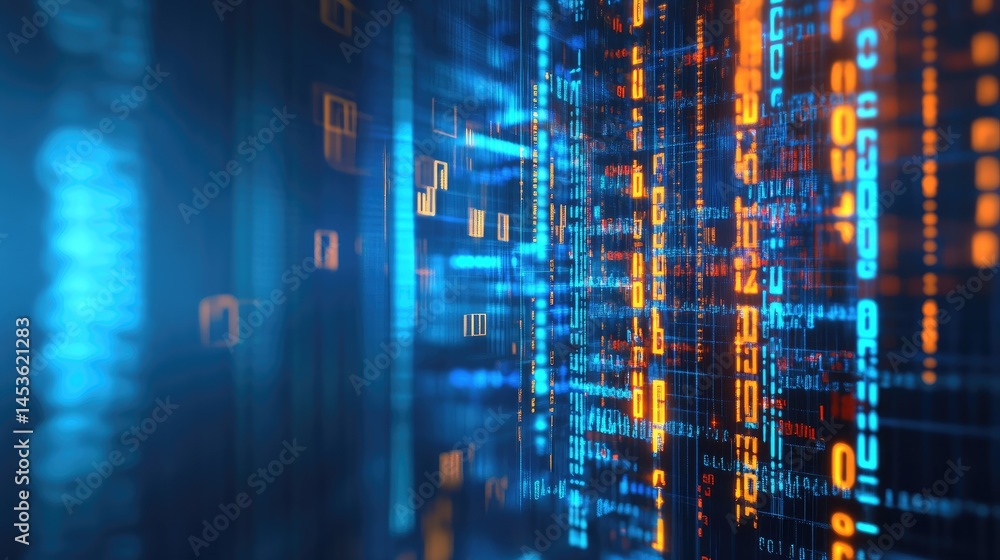 Obraz premium Abstract digital network. Complex code streams with vibrant, glowing, binary code