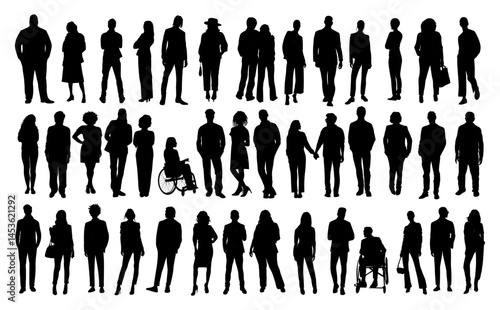 Silhouettes of diverse business people standing, men and women full length, disabled person sitting in wheelchair. Inclusive business concept. Vector illustration isolated on transparent background.