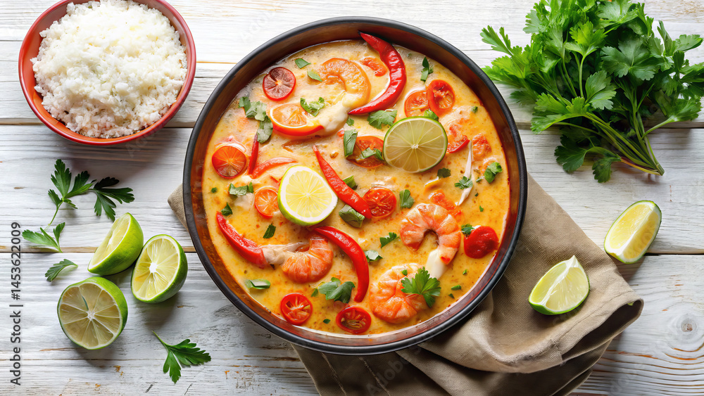 Moqueca - fish stew with coconut milk - Flat lay photo :: white background Moqueca - fish stew with coconut milk - Flat lay photo :: white background