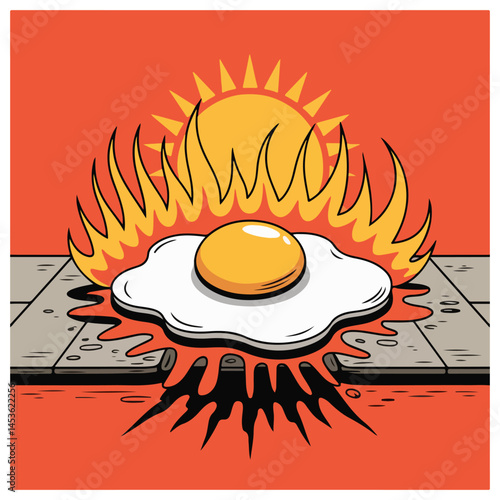 Fun and playful vector design of a sunny-side-up egg frying on a hot sidewalk, with exaggerated heat waves and a blazing sun, perfect for National Sidewalk Egg Frying Day.