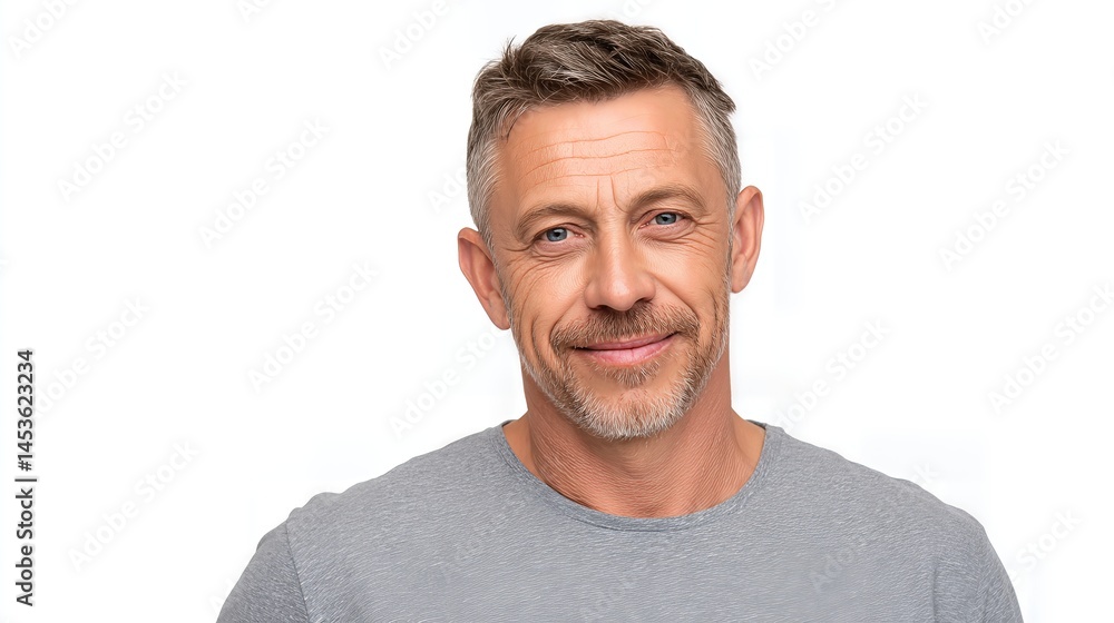 Fototapeta premium A grey-haired, middle-aged man in a casual t-shirt smiles confidently against a white background, radiating positivity and ease.