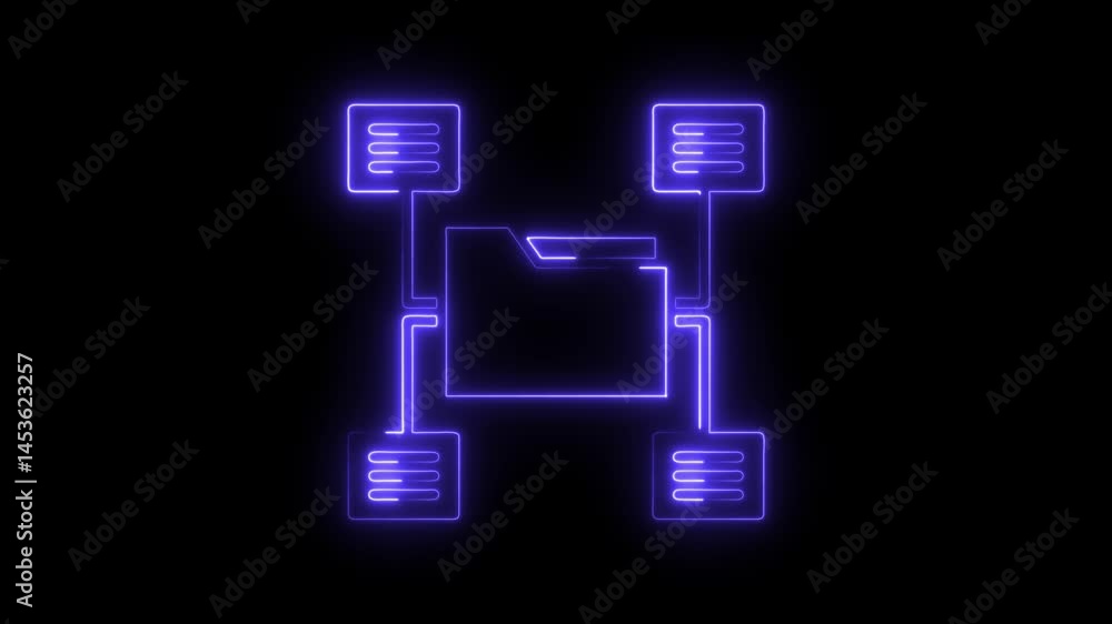 Neon file sharing network animation on black background Neon file sharing network animation on black background