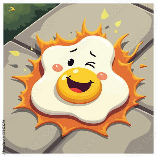 Fun and playful vector design of a sunny-side-up egg frying on a hot sidewalk, with exaggerated heat waves and a blazing sun, perfect for National Sidewalk Egg Frying Day.