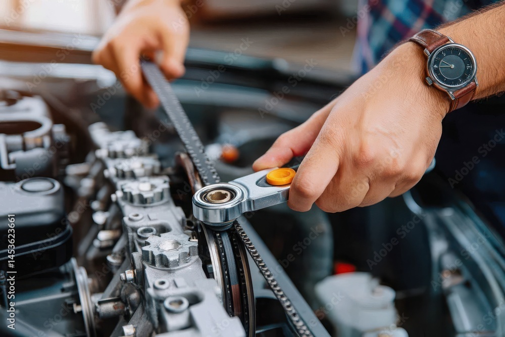 Mechanic Using Ratchet Tool on Engine Belt in Automotive Workshop