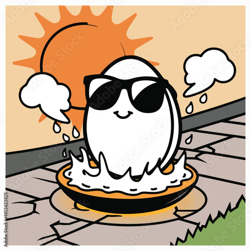 Fun and playful vector design of a sunny-side-up egg frying on a hot sidewalk, with exaggerated heat waves and a blazing sun, perfect for National Sidewalk Egg Frying Day.
