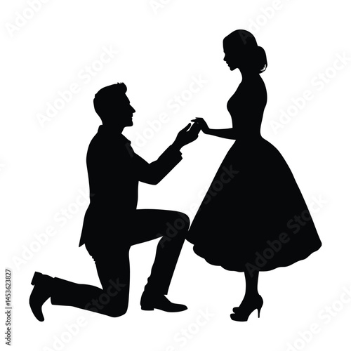 Silhouette of man proposing to woman on one knee, vector illustration of white background