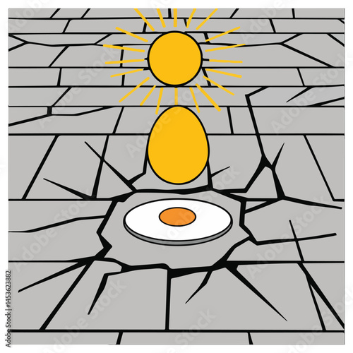 Vector illustration of a fried egg sizzling on a hot sidewalk under the bright summer sun, with heat waves rising from the ground, celebrating National Sidewalk Egg Frying Day.