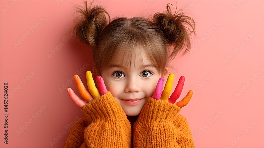Joyful girl with colorful painted fingers against a pink backdrop Joyful girl with colorful painted fingers against a pink backdrop
