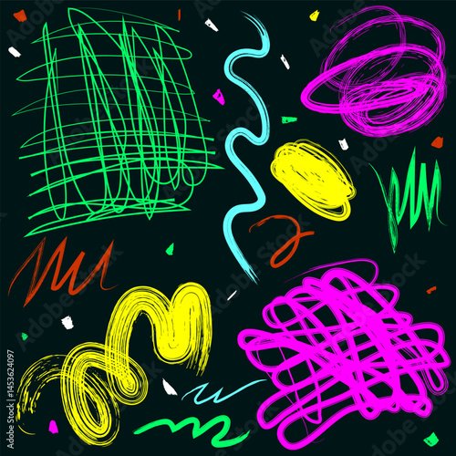 Abstract colorful scribbles, wavy, curly lines, paint brush strokes. Perfect for creative projects, backgrounds, or graphic design. Minimalist yet dynamic, the lines add modern energy and movement.