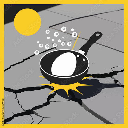 Fun and playful vector design of a sunny-side-up egg frying on a hot sidewalk, with exaggerated heat waves and a blazing sun, perfect for National Sidewalk Egg Frying Day.