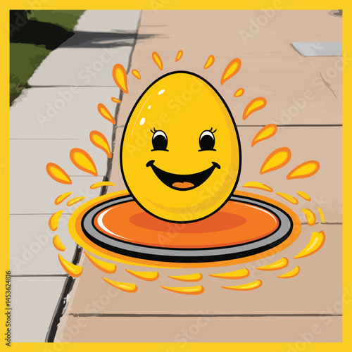Fun and playful vector design of a sunny-side-up egg frying on a hot sidewalk, with exaggerated heat waves and a blazing sun, perfect for National Sidewalk Egg Frying Day.