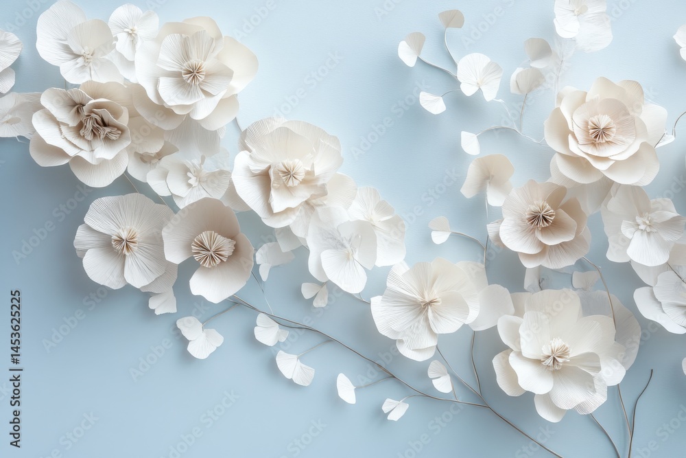 A cluster of paper flowers is arranged along the right side of the image set against a light blue background A cluster of paper flowers is arranged along the right side of the image set against a light blue background