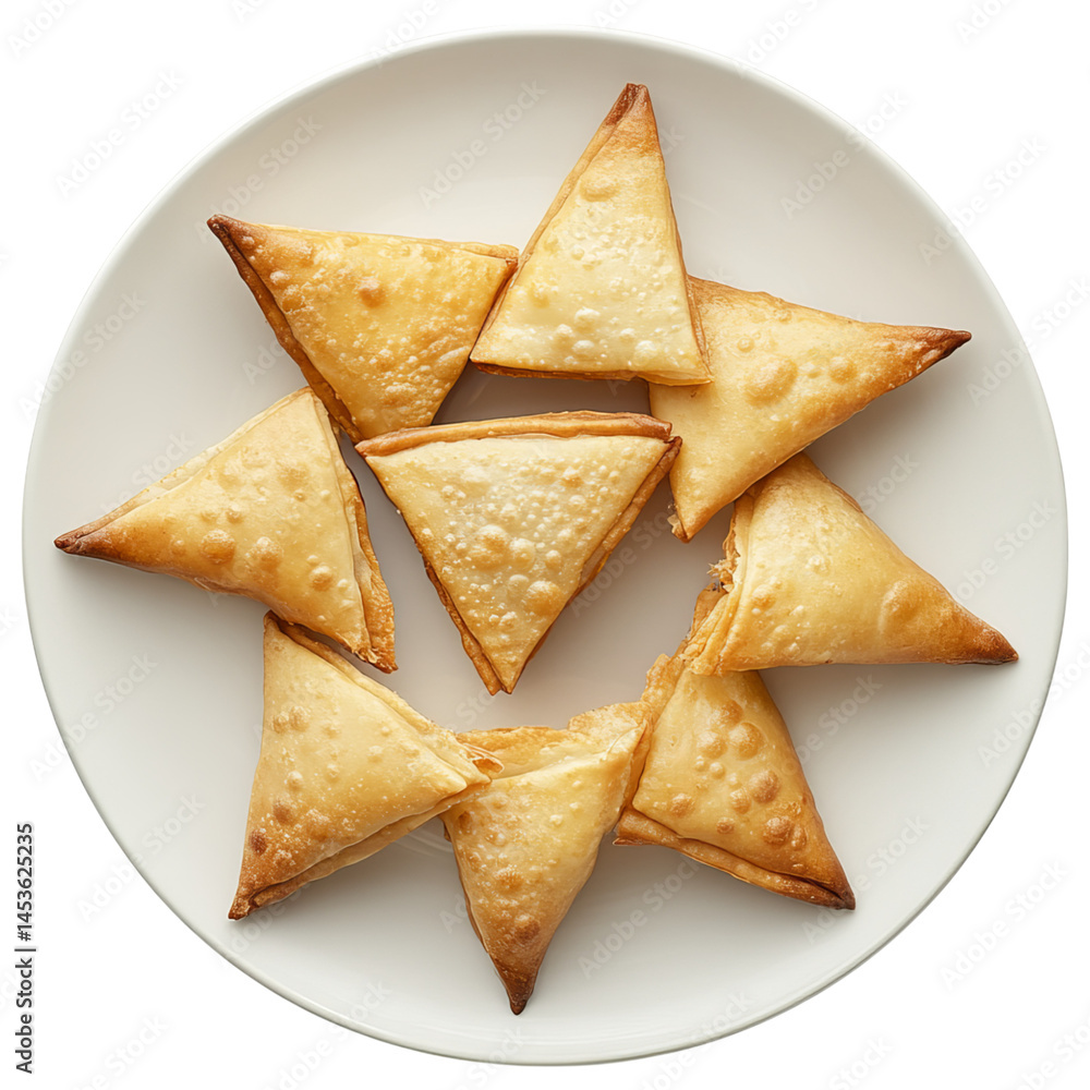 A plate of samosas, top view, transparent background A plate of samosas, top view, transparent background