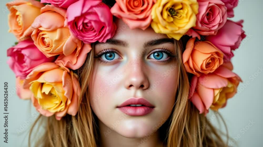 A woman with striking blue eyes wears a vibrant floral crown of large, colorful roses, gazing directly at the camera. A woman with striking blue eyes wears a vibrant floral crown of large, colorful roses, gazing directly at the camera.
