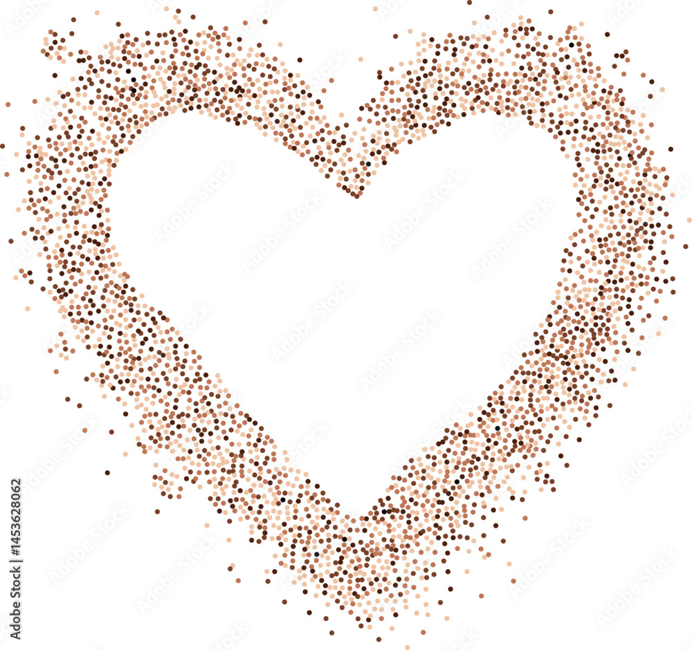 Creative frame of circular brown colored particles, heart shaped coffee powder. Perfect for love-themed and romantic designs, Valentines day greetings. Coffee or chocolate powder border design.