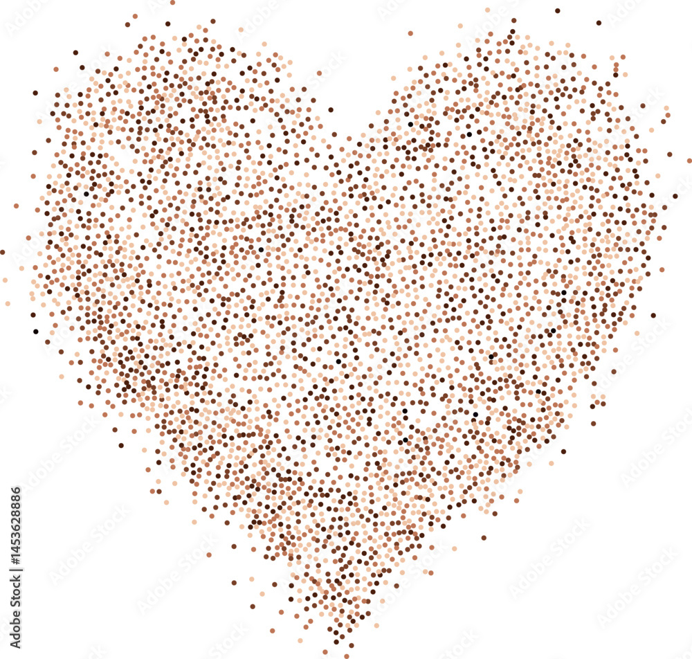 Creative composition of circular brown particles, heart shaped powder. Perfect for love-themed and romantic designs, the artistic arrangement conveys charm and elegance with heart-shaped elements.