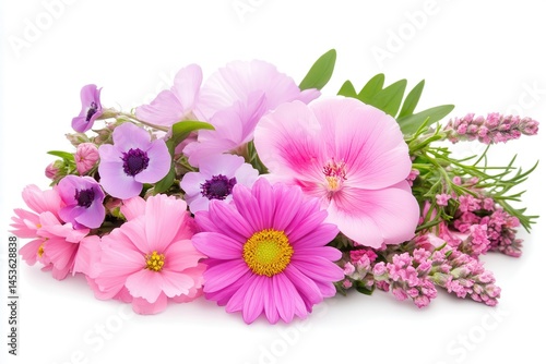A vibrant bouquet of assorted flowers showcasing pink, purple, and white blooms arranged beautifully