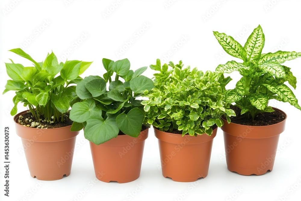A vibrant display of four potted houseplants showcasing diverse foliage and textures A vibrant display of four potted houseplants showcasing diverse foliage and textures