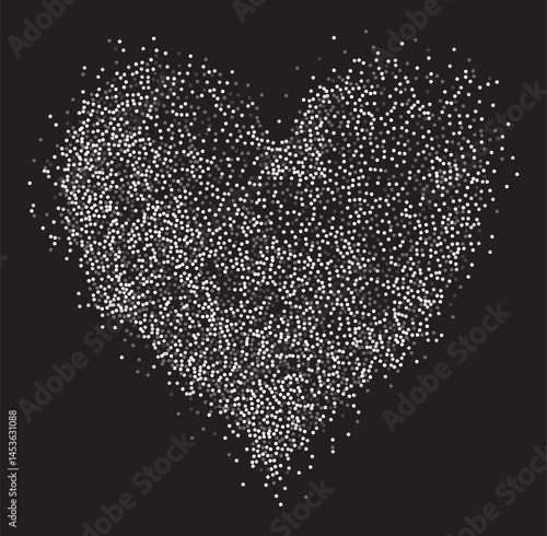 Creative composition of circular gray particles, heart shaped powder. Perfect for love-themed and romantic designs, the artistic arrangement conveys charm and elegance with heart-shaped elements.