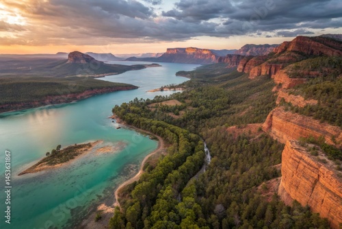 Scenic Lake and Red Rock Landscape at Sunset