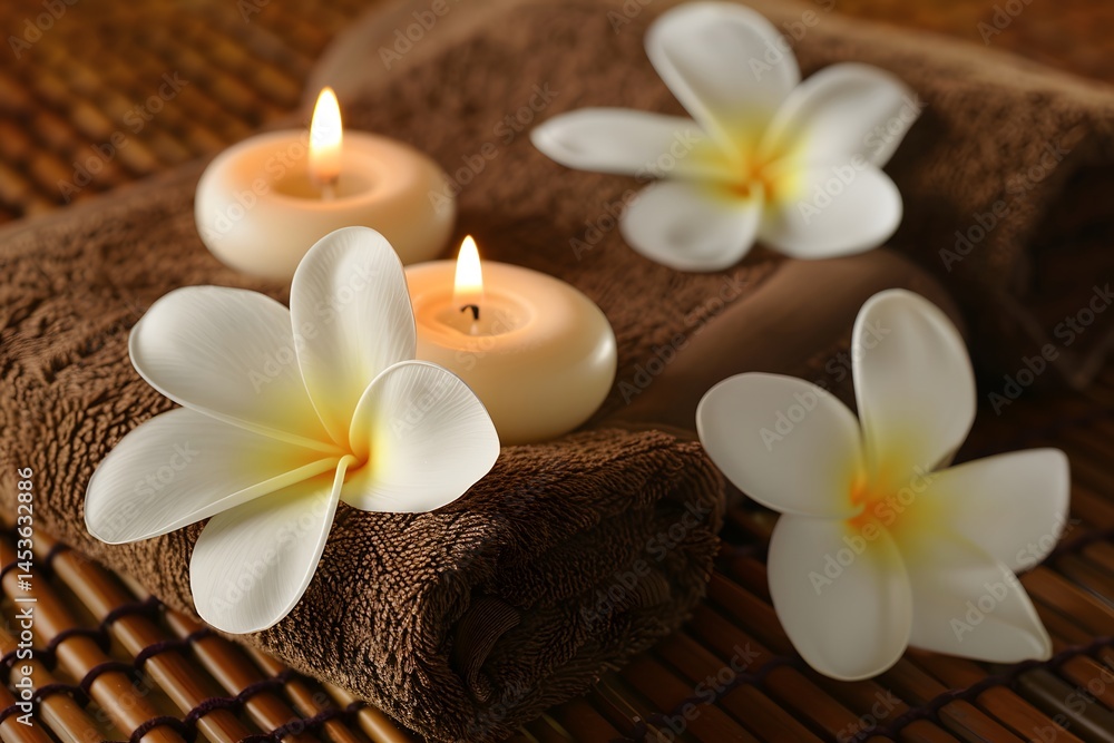 Peaceful Spa Still Life With Lit Candles and Plumeria Flowers for Wellness Scene Peaceful Spa Still Life With Lit Candles and Plumeria Flowers for Wellness Scene