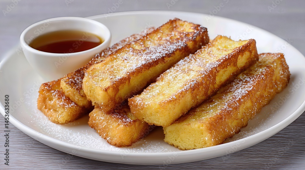A plate of crispy French toast sticks, dusted with powdered sugar and served with a side of maple syrup, creating the perfect sweet breakfast treat.
A plate of crispy French toast sticks, dusted with powdered sugar and served with a side of maple syrup, creating the perfect sweet breakfast treat.
