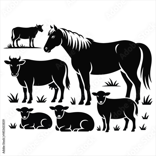 Silhouettes of farm animals including cows horse and sheep in minimalist black and white design