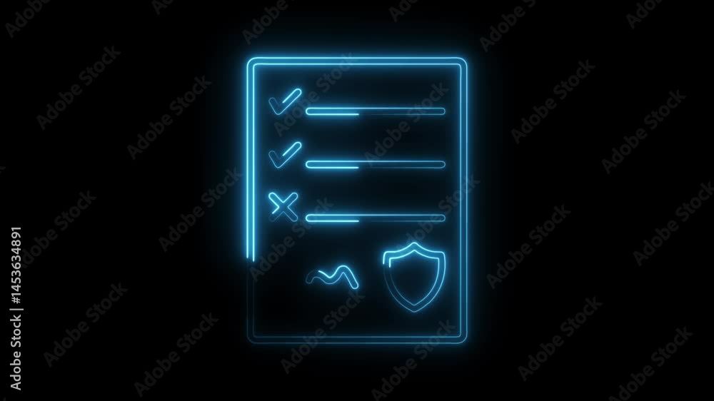 Glowing neon checklist with security shield on black background Glowing neon checklist with security shield on black background