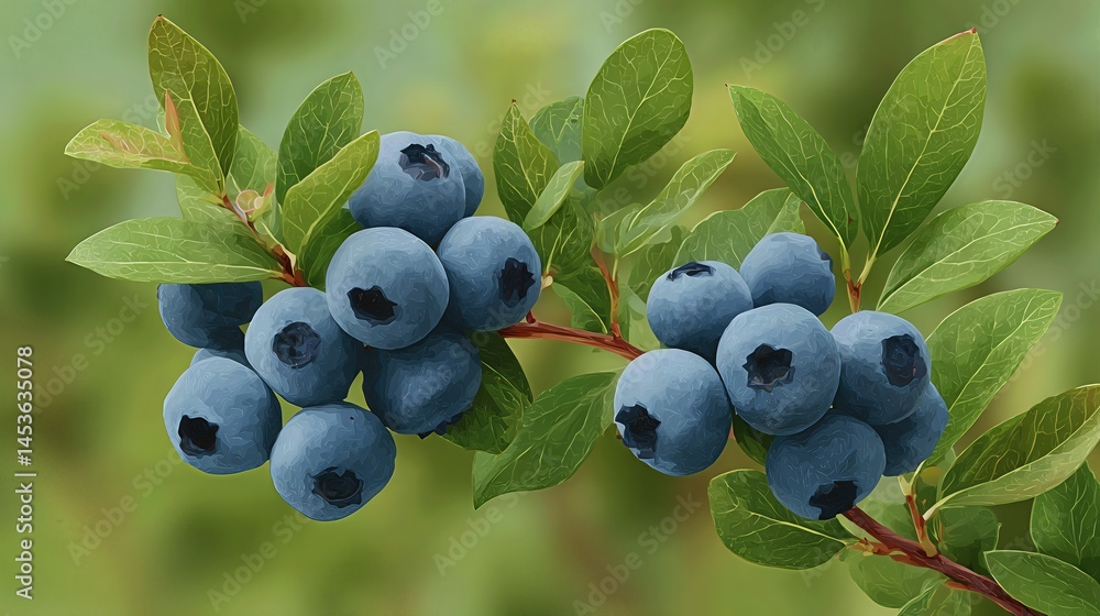 Fototapeta premium A close-up illustration of ripe blueberries on the bush, showcasing the vibrant, juicy fruits nestled among the leaves, symbolizing a healthy, natural harvest.