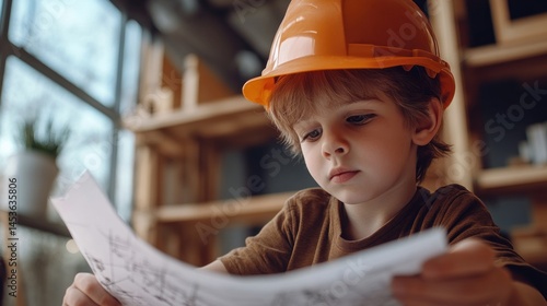 Young boy wearing hard hat reviewing blueprints.