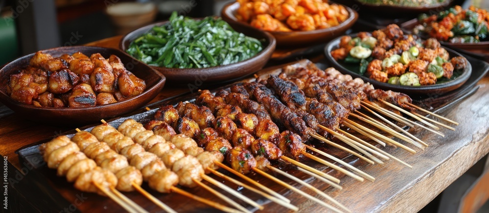 Obraz premium Asian street food skewers, grilled meats, vegetables, outdoor market