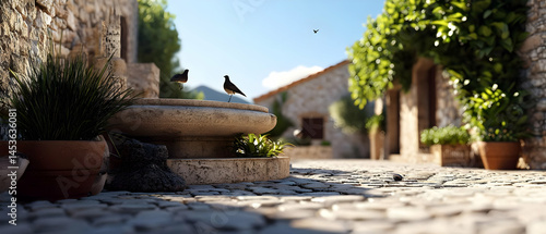 Quaint European Village Street Scene with Fountain and Birds