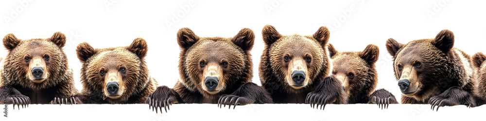panoramic banner of brown bears in various poses isolated on white wildlife
