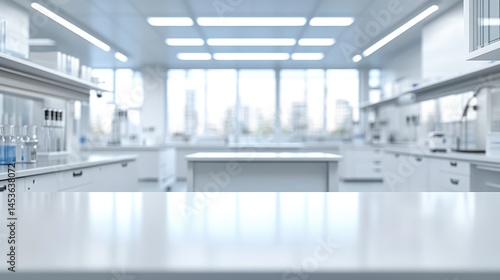 Clean bright laboratory, white furniture and equipment, glass windows. Use as background for science, research, product mockups.