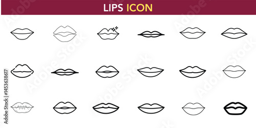 Set of lips vector icons in various styles, including outlines and silhouettes. Perfect for beauty, cosmetic, and fashion designs. Kiss mark included.