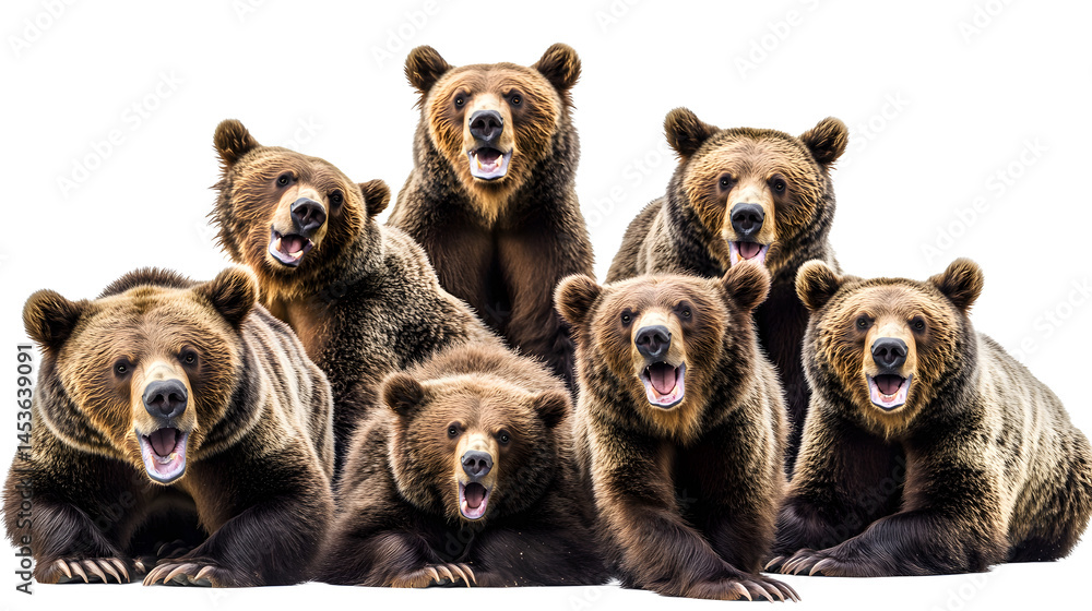 panoramic banner of brown bears in various poses isolated on white wildlife