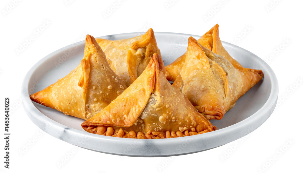 samosas in a marble plate isolated on solid white background samosas in a marble plate isolated on solid white background