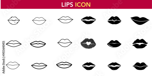 Set of lips vector icons in various styles, including outlines and silhouettes. Perfect for beauty, cosmetic, and fashion designs. Kiss mark included.