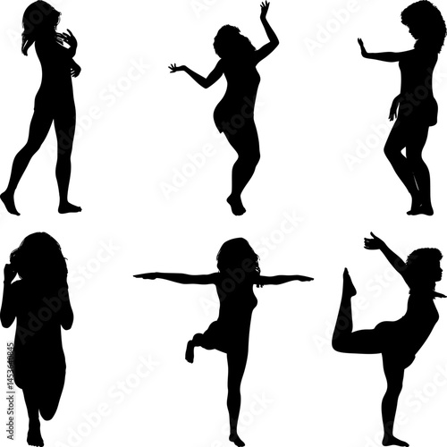 Abstract silhouette of a dancing woman with bare feet, showcasing graceful movements and the beauty of the human form in motion. Ideal for dance themes, the image conveys freedom and artistry. 