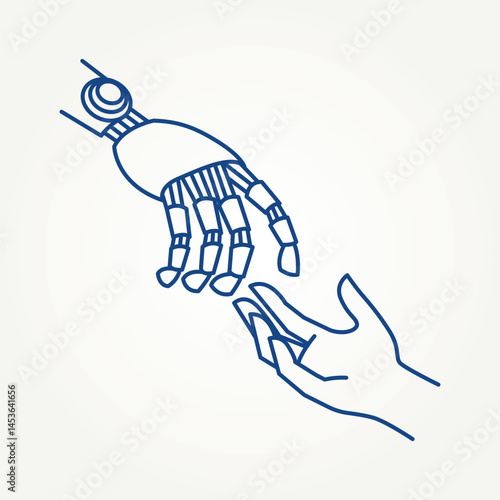 minimalist human and robot hands reaching for each other line art icon logo vector illustration design. simple modern collaboration between humans and robots logo concept