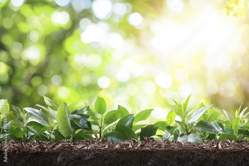 Fresh green leaves basking in sunlight, creating serene atmosphere in vibrant forest setting Fresh green leaves basking in sunlight, creating serene atmosphere in vibrant forest setting