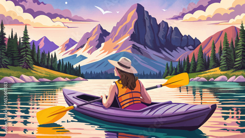 Woman kayaking on scenic Lake Jenny with Grand Teton mountains in the background. Peaceful outdoor adventure and nature travel concept perfect for lifestyle, tourism, and wilderness exploration design