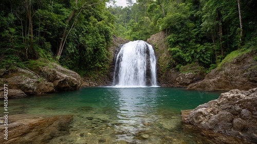 The serene beauty of a waterfall flowing into a clear pool is showcased in this professional photo, surrounded by vibrant green foliage in a tropical jungle setting.
