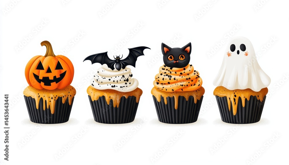 Halloween Cupcake Assortment Featuring Pumpkin Bat Ghost And Black Cat with Orange and Black Pixel Art Style on a White Background Halloween Cupcake Assortment Featuring Pumpkin Bat Ghost And Black Cat with Orange and Black Pixel Art Style on a White Background