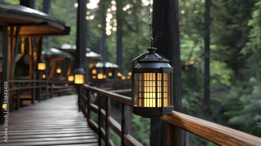 Fototapeta premium tranquil treehouse community illuminated by warm lanterns, nestled among tall trees, creating serene atmosphere