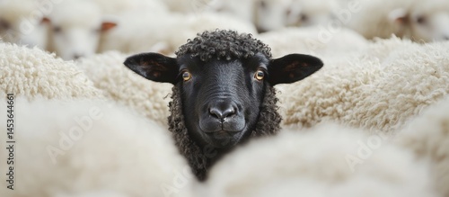 Black sheep amongst white flock pasture