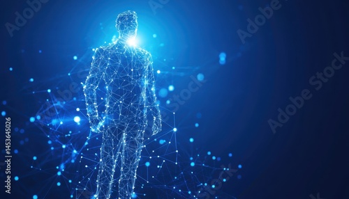 Abstract Digital Human Figure in Blue Tech Backdrop Glowing Artificial Intelligence Concept with Connected Dots Forming a Person Shape and Network Connection on Dark Blue Background