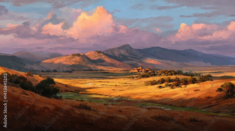 Fototapeta premium A golden hour landscape bathes everything in warm light