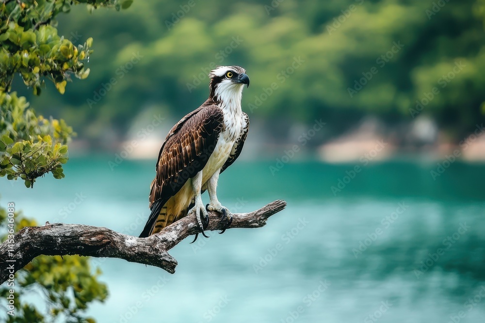 Osprey perched on branch, aqua lake and green trees background. Perfect for nature, wildlife, and environmental project. Osprey perched on branch, aqua lake and green trees background. Perfect for nature, wildlife, and environmental project.