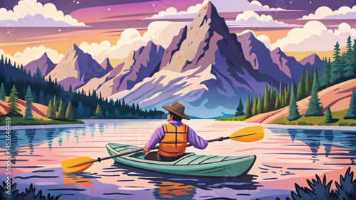 man kayaking on scenic Lake Jenny with Grand Teton mountains in the background. Peaceful outdoor adventure and nature travel concept perfect for lifestyle, tourism, and wilderness exploration design